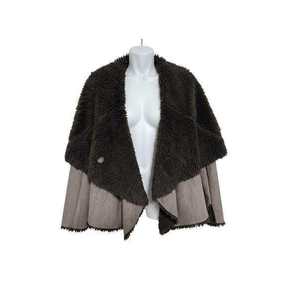 Fever Jackets & Blazers - Fever Faux Fur Open Front Jacket L Brown Sherpa Lined Asymmetrical Hem Cozy